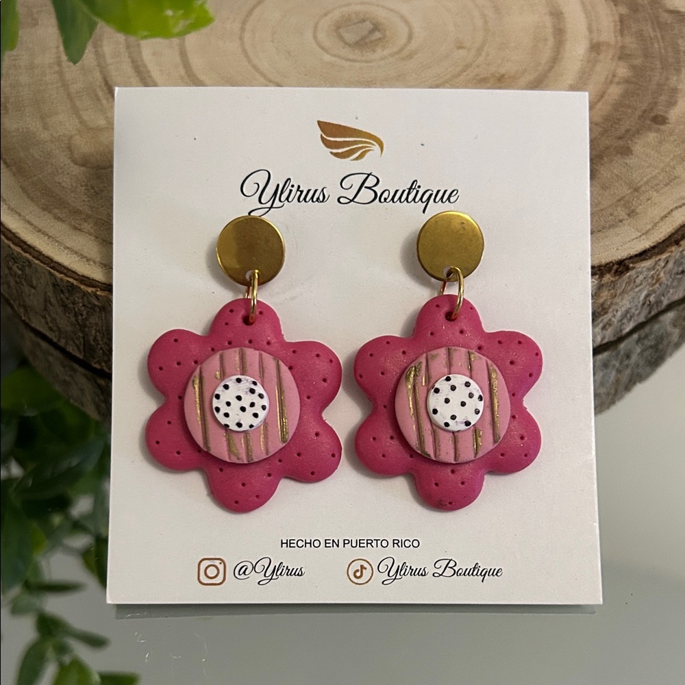 Pink Flower Earrings with Gold Accents